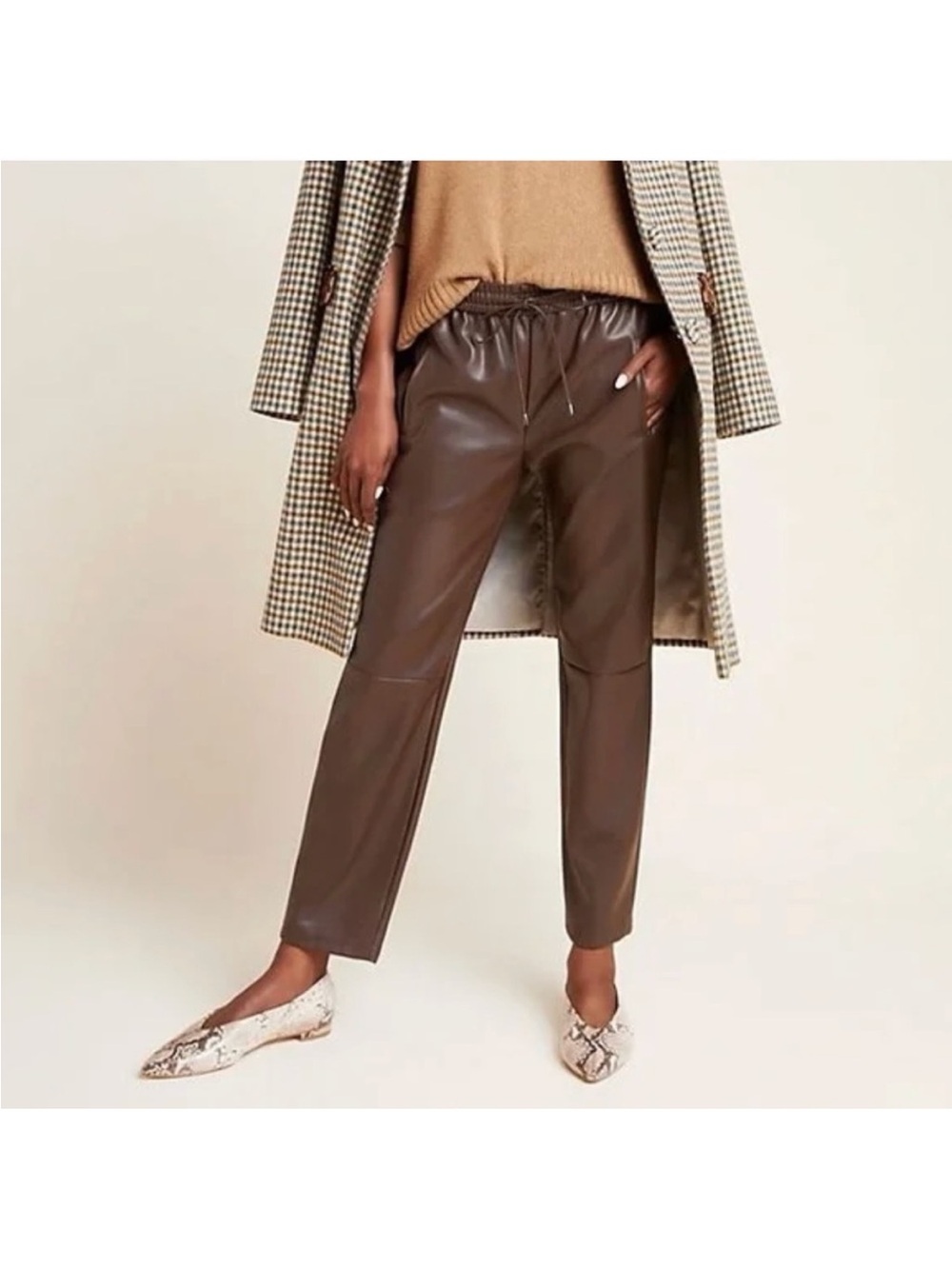 Anthropologie sakara chocolate vegan faux leather elastic waist pants